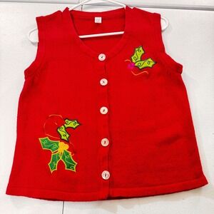 Vtg holiday Faire pink Christmas Vest Women‎ M L Holly Candy Cane Applique chic